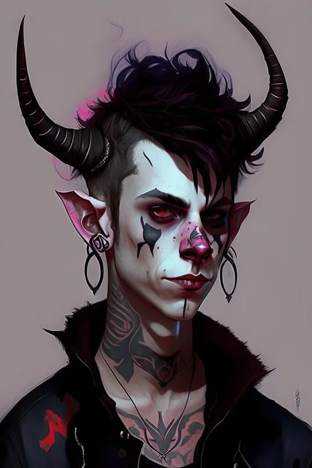 As tiefling teenage boy, he has lots of tattoos and demon horns, he is punk, goth and handsome