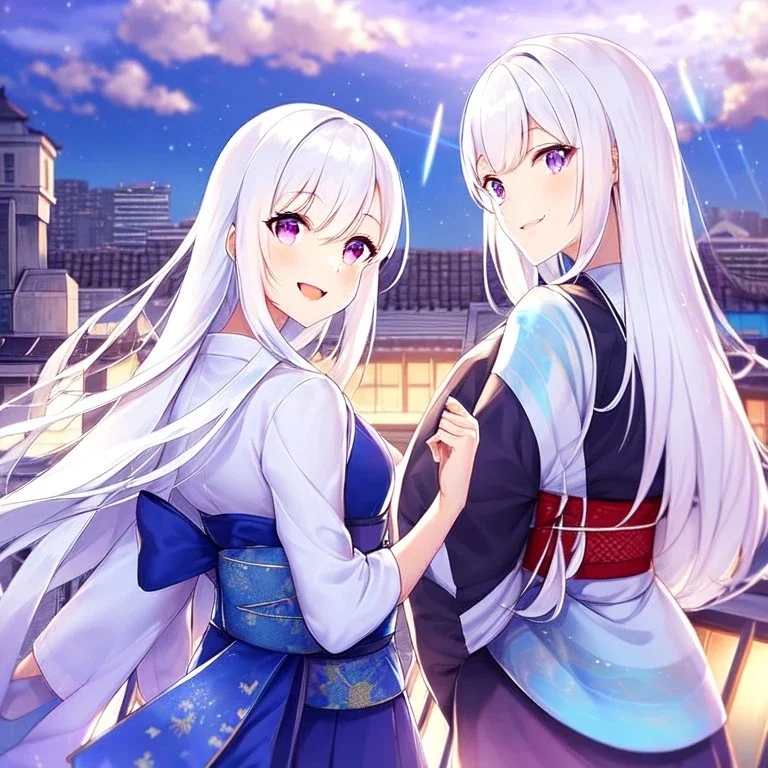 girl, masterpiece, best quality, volumetric lighting, detailed outfit, perfect eyes, long hair, white hair, purple eyes, rooftop, town, shooting star obi, looking back, laughing,