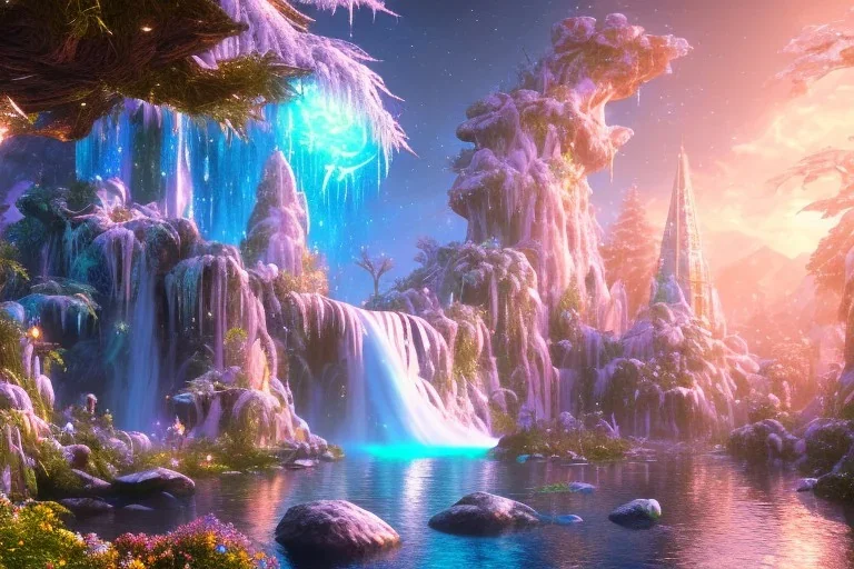  white and gold crystal cosmic ambiance，waterfall, full of details, smooth, bright sunshine，soft light atmosphere, light effect，vaporwave colorful, concept art, smooth, extremely sharp detail, finely tuned detail, ultra high definition, 8 k, unreal engine 5, ultra sharp focus