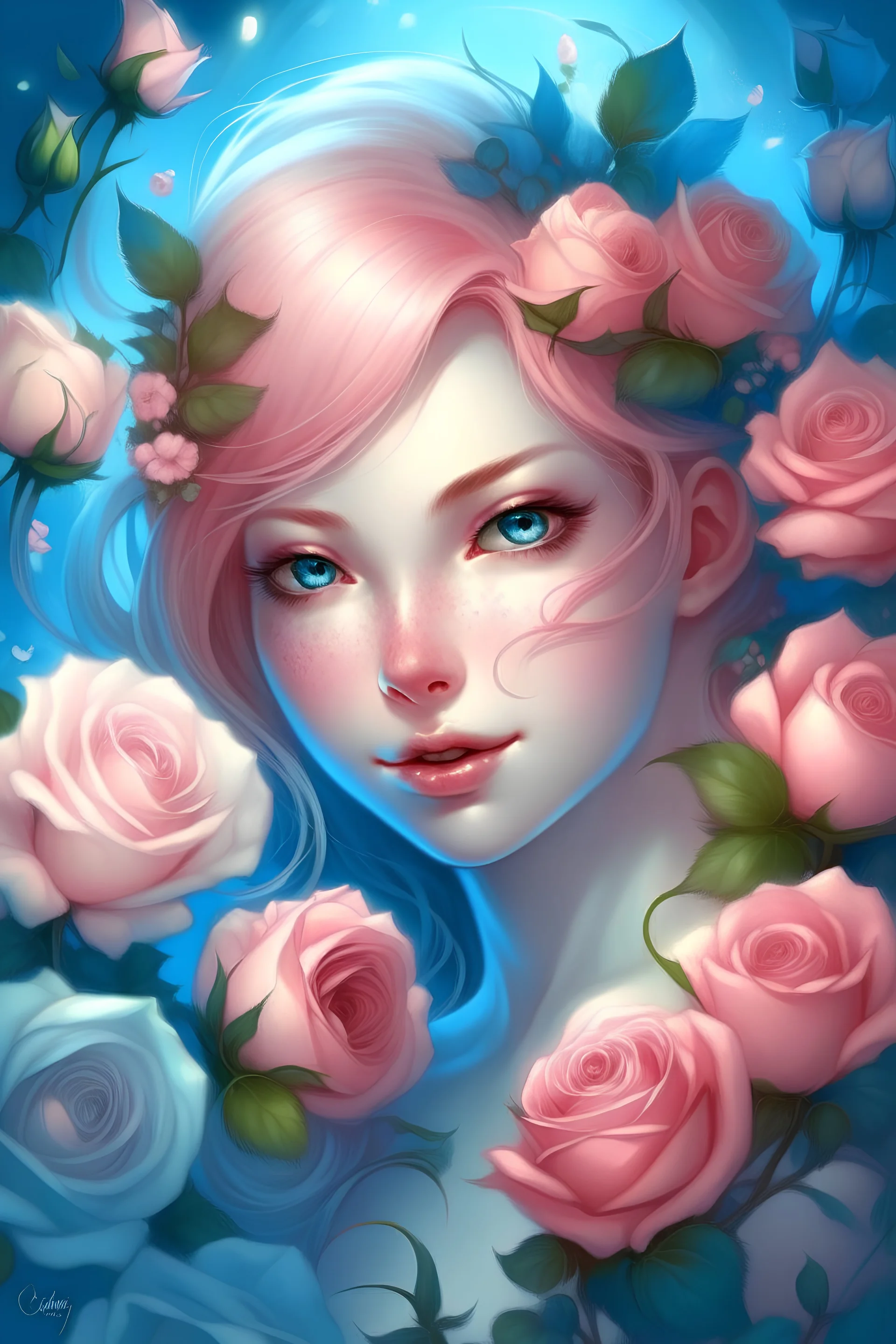bright fairy, rose hair, etheric, blue eyes, roses