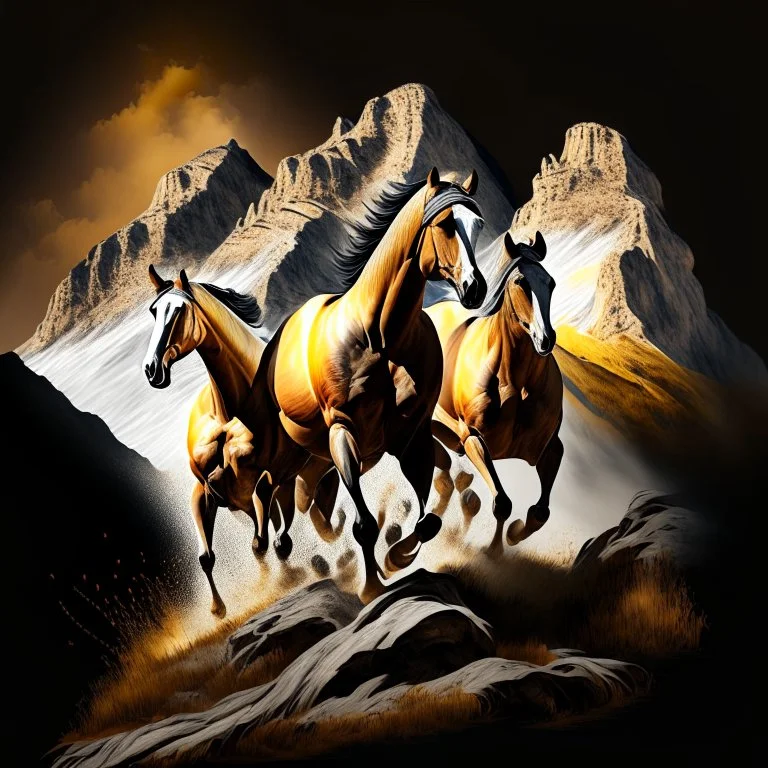 Three-horse ink graphic Palomino on the mountain full body hyperdetailed 4k