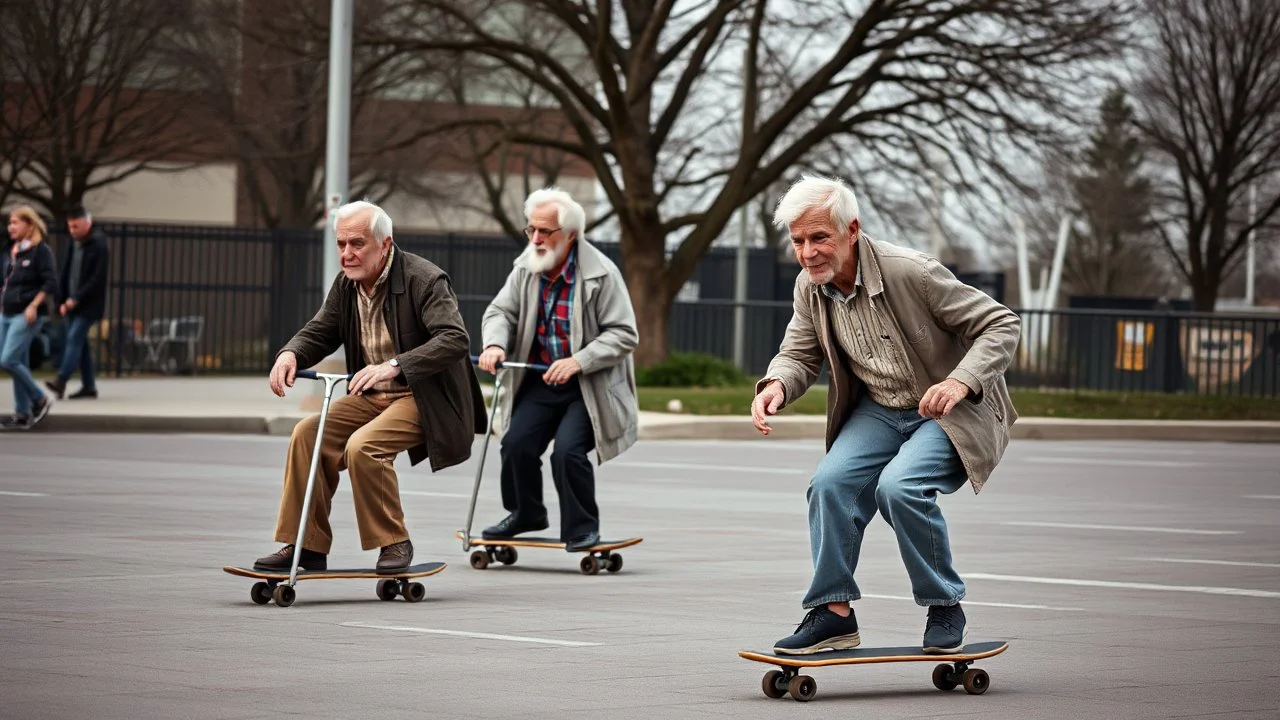 Elderly pensioners on skateboards. Photographic quality and detail, award-winning image, beautiful composition, 35mm lens.