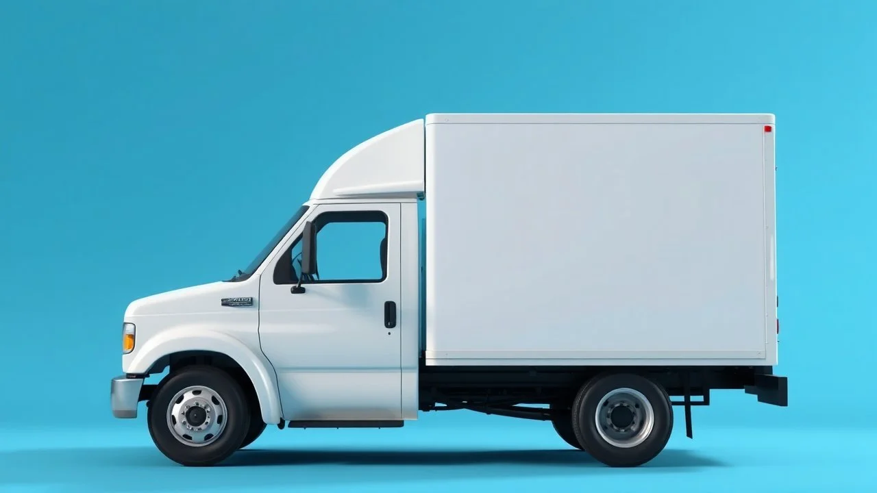 side profile of a white generic north american medium commercial truck with cube box, blue background, Pixar