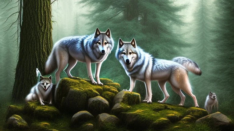 wolves on a large rock in the forest