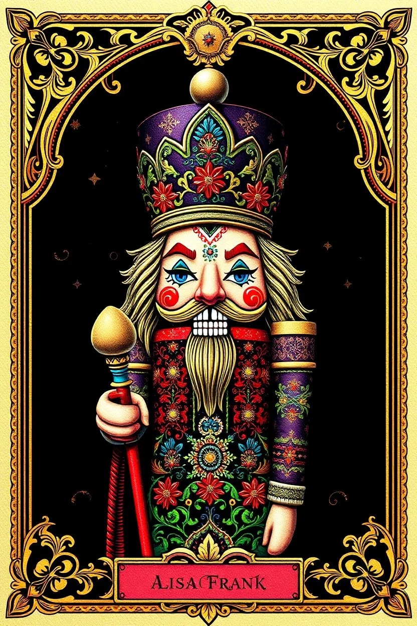 Centered, Ornate, Collectable Trading Card of lisa frank pattern fantasy character portrait of Crisp Digital Art, holiday nutcracker by Aleksi Briclot, T-Shirt Design, Black Background, Detailed Frame, Border, in SNES arcade game, ultra realistic, wide angle, intricate details, retro Nintendo bitmap pixel art, highly detailed by peter mohrbacher, wayne barlowe, , hajime sorayama aaron horkey, gaston bussiere, craig mullins