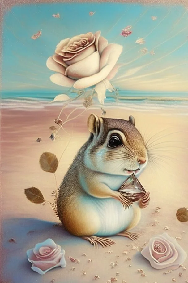 adorable chipmunk holds a diamond, roses on the beach, soft rounded edges, gentle, serene, magical, pastel colours, dynamic lighting, a masterpiece, surreal, Catrin Welz Stein style in sunshine