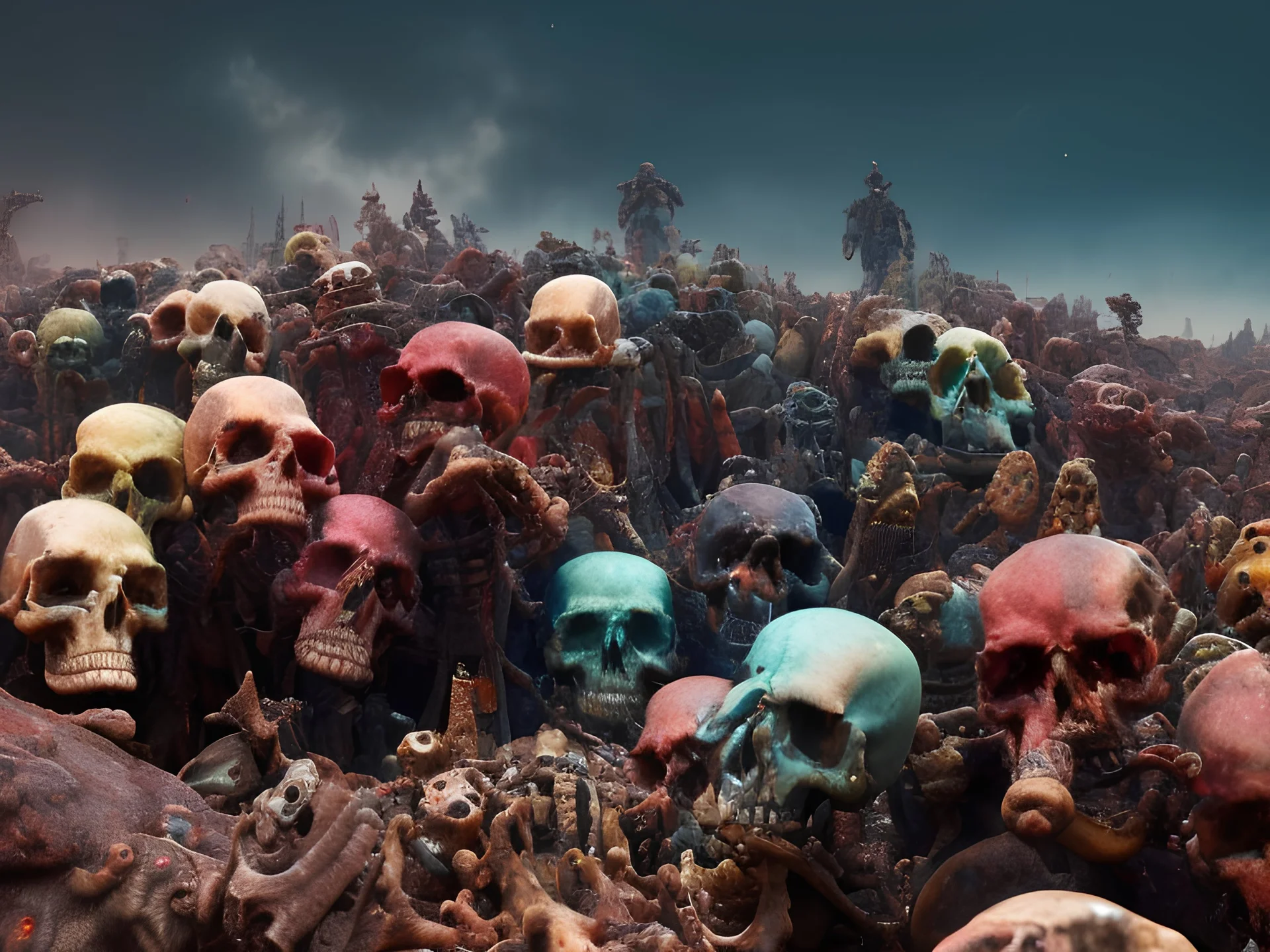 a picture of a dark, comedic, anatomically correct wall of colorful tightly packed stacked cyborg skulls of varying sizes and expressions, photo realistic, insanely meticulous, highly detailed, part of a collection of bones on display, 64k, dystopian, vray