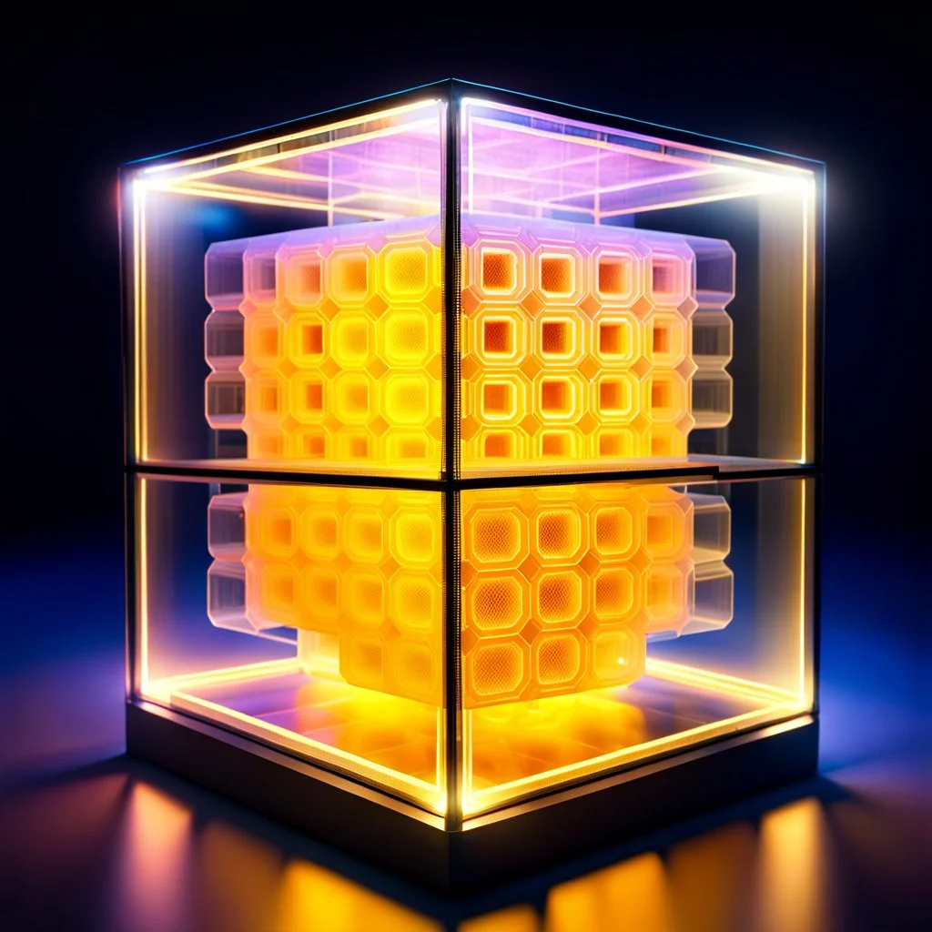 futuristic translucent neurocube, inside the cube there are perpendicular partitions of honeycomb plates, ambient lighting