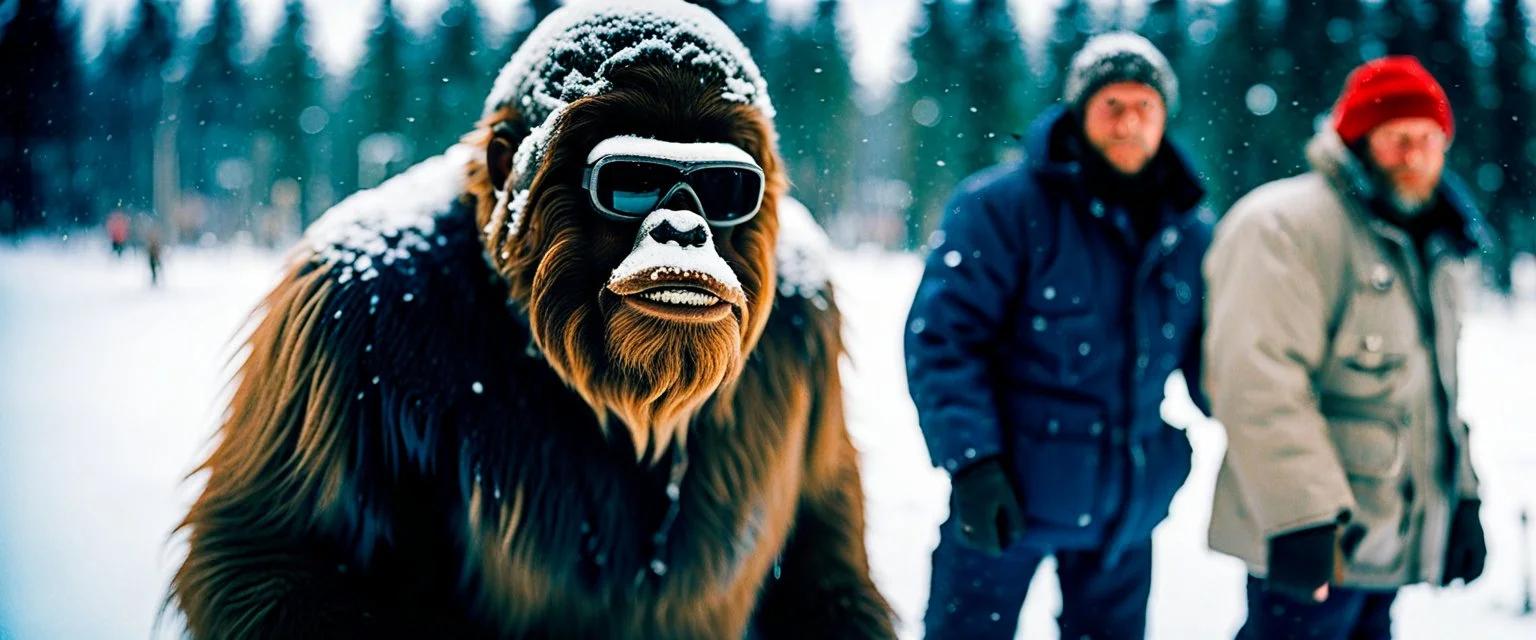 close up documentary photography, November 1960, Yeti, Bigfoot, Dystopian, Japanese, Extreme depth of field, bokeh blur, winter, blizzard, Alberta, all-natural, in the style of candid, imperfection, natural lighting, Professional shot, shot on Agfa, Fuji Film, Anamorphic lens --ar 4:5 --w 150 --style raw