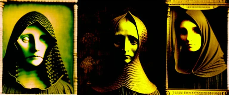 Daguerrotype close up some mysterious figures, odd background, cinematic, Hieronymus Bosch, Max Ernst vegetal life, rotten, ambient light, by Minicavio Quollati and Marlost Endgulp, Amano, Botticelli, Alphonse Mucha