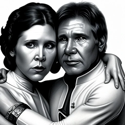 old carrie fisher embracing harrison ford, waist up portrait, photorealistic faces, intricate, oil on canvas, masterpiece, expert, insanely detailed, 4k resolution, cinematic smooth, intricate detail , soft smooth lighting, soft pastel colors,