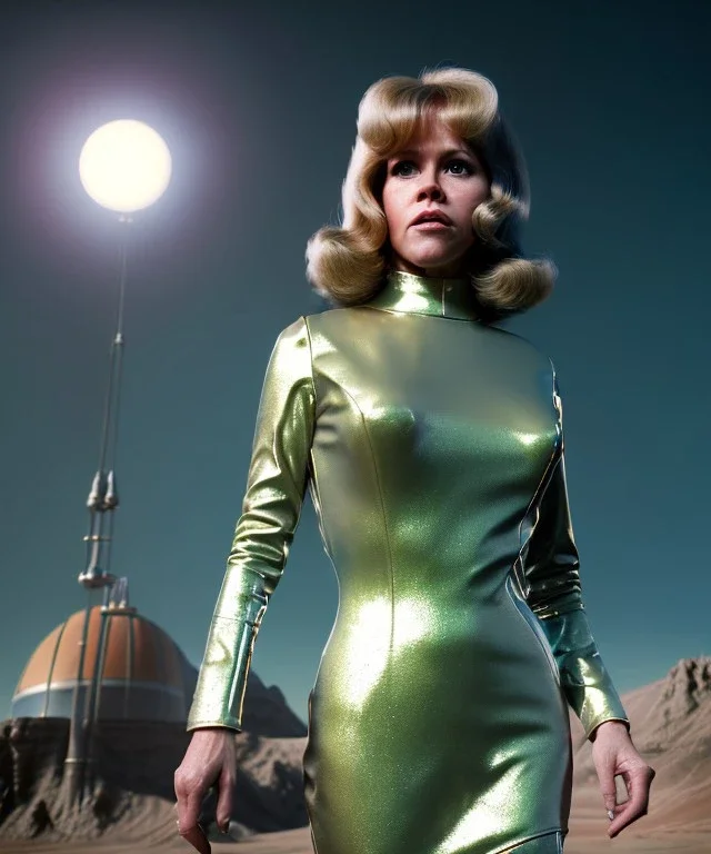 Ultra Realistic retro sci-fi image from 1960, spaceship, sweet young woman Jane Fonda with a man, dress with tight latex coat and retro glass helmet, Retro sci-fi style, soft color, highly detailed, unreal engine 5, ray tracing, RTX, lumen lighting, ultra detail, volumetric lighting, 3d, finely drawn, high definition, high resolution.