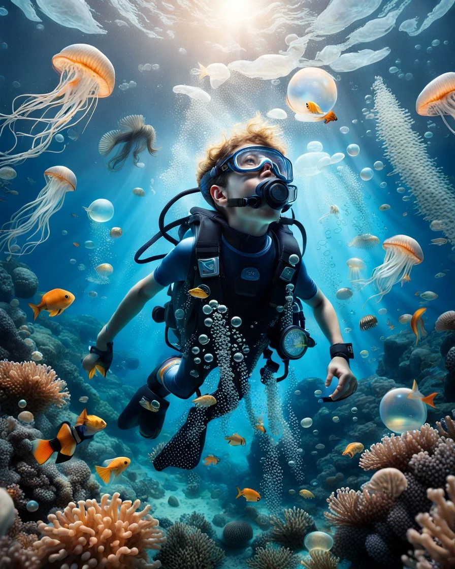 Make a image of a young boy wearing scuba gear, underwater with fish, jellyfish and bubbles. Low angle view looking up towards the surface of the Ocean, Photorealistic.