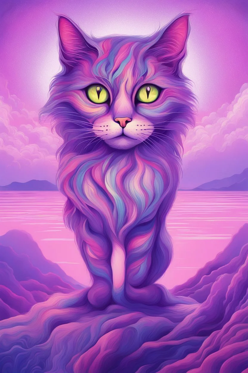 majestic cat, psychedelic, violet tones, fantasy landscape