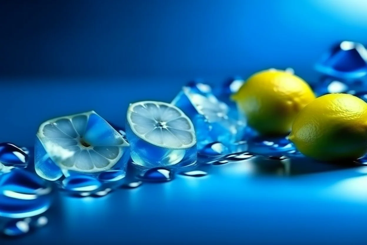 blue background with ice cubes and lemon slices, extremely photorealistic details, realistic high detail, high resolution