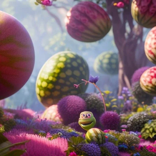 pixar style, volumetric summer garden environment and background, volumetric lighting, dramatic lighting, realistic painting of an watermelon, looking excited, detailed digital painting, extreme dense and fine fur, anime, ornate, colour-washed colors, elegant, small minutiae, tiny features, particulars, centered, smooth, sharp focus, renderman gofur render, 8k, uhd, detailed eyes, realistic shaded volumetric lighting, sunlight caustics, backlight, centered camera view