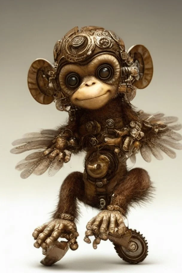 small cute steampunk mechanical monkey, made of metal with mechanical wings, cute hands and feet