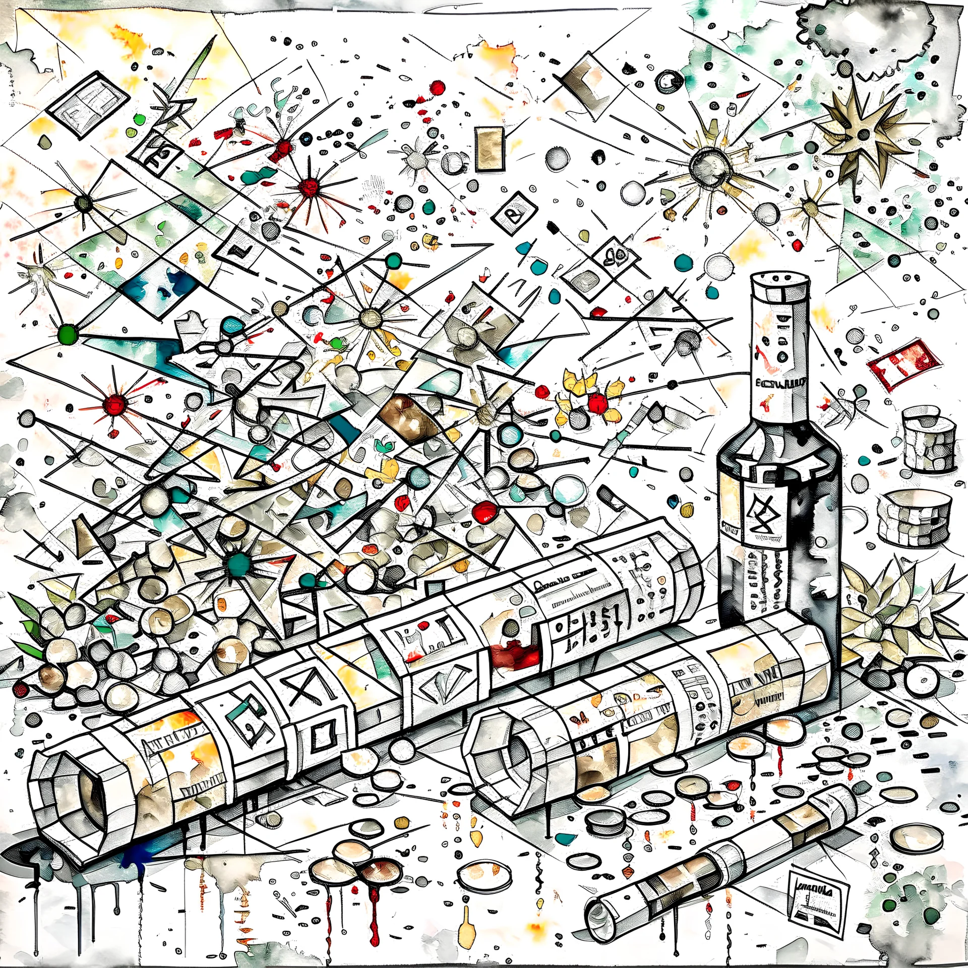 Design an asymmetrical balnced watercolour composition of clusters of watercolor drug paraphernalia, such as rolled dollar bills and razor blades, arranged amidst chaotic brushstrokes and splatters, symbolizing the destructive and dangerous world of illicit drug use.