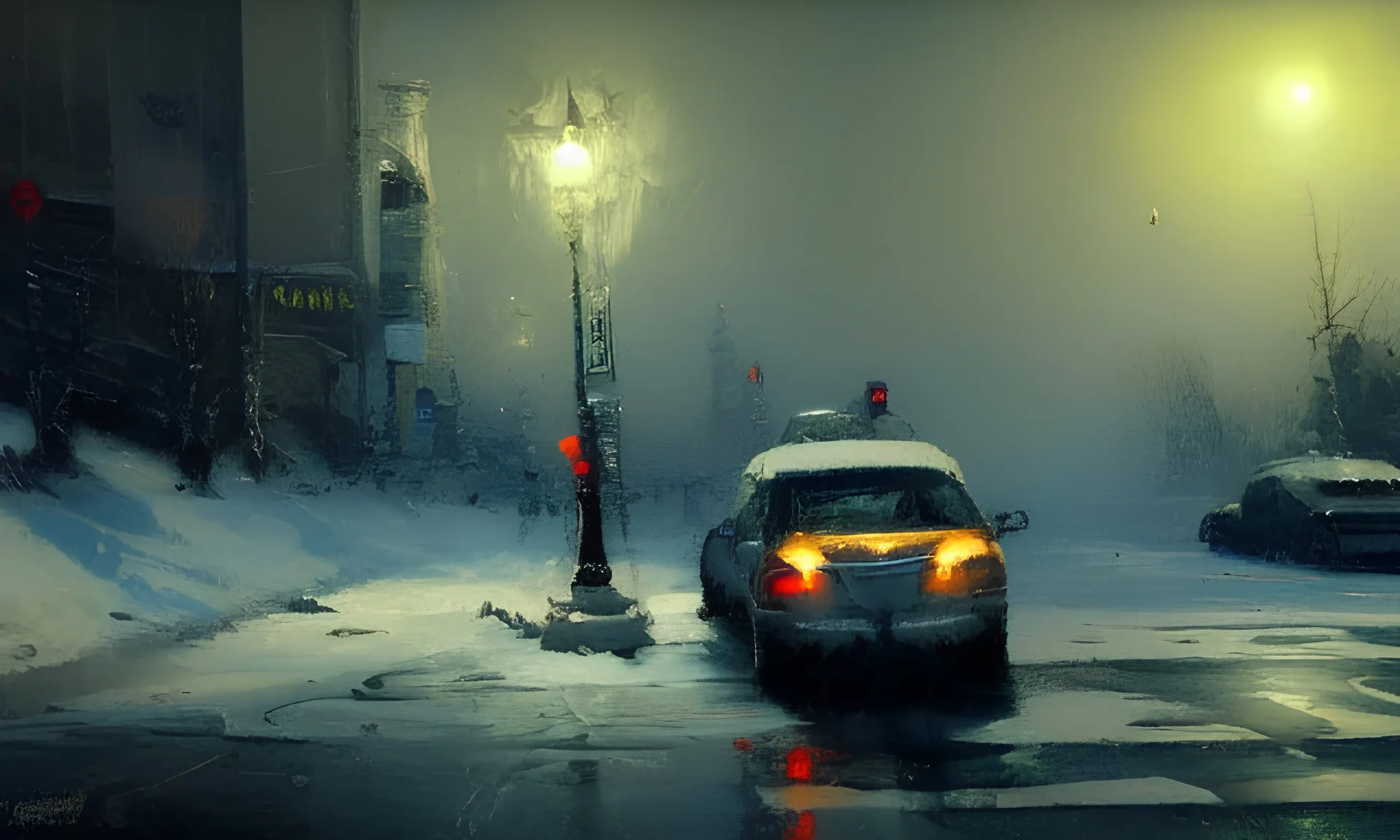 Brent Heighton, Jeremy Mann, giant spider in the street, night scene, ice road, great composition, highly detailed, high quality, Canon, 200mm