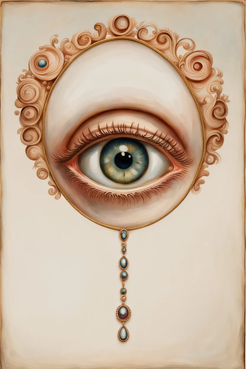 Set in rose-gold, mesmerizing—and bizarre is a Lovers Eye, Part-portrait, part-jewel, the miniature portraiture of a single eye of a beloved, painted with watercolor on ivory,18th century style, the beloved's eye floats uncannily against a monochromatic background. No other facial features anchored it, except an eyebrow. All focus on the composition’s core of a dark iris gazes ardently from behind a soft, love-drunk lid. Lovers eye portraiture, romantic, realism, Victorian, surrounded by blue ve