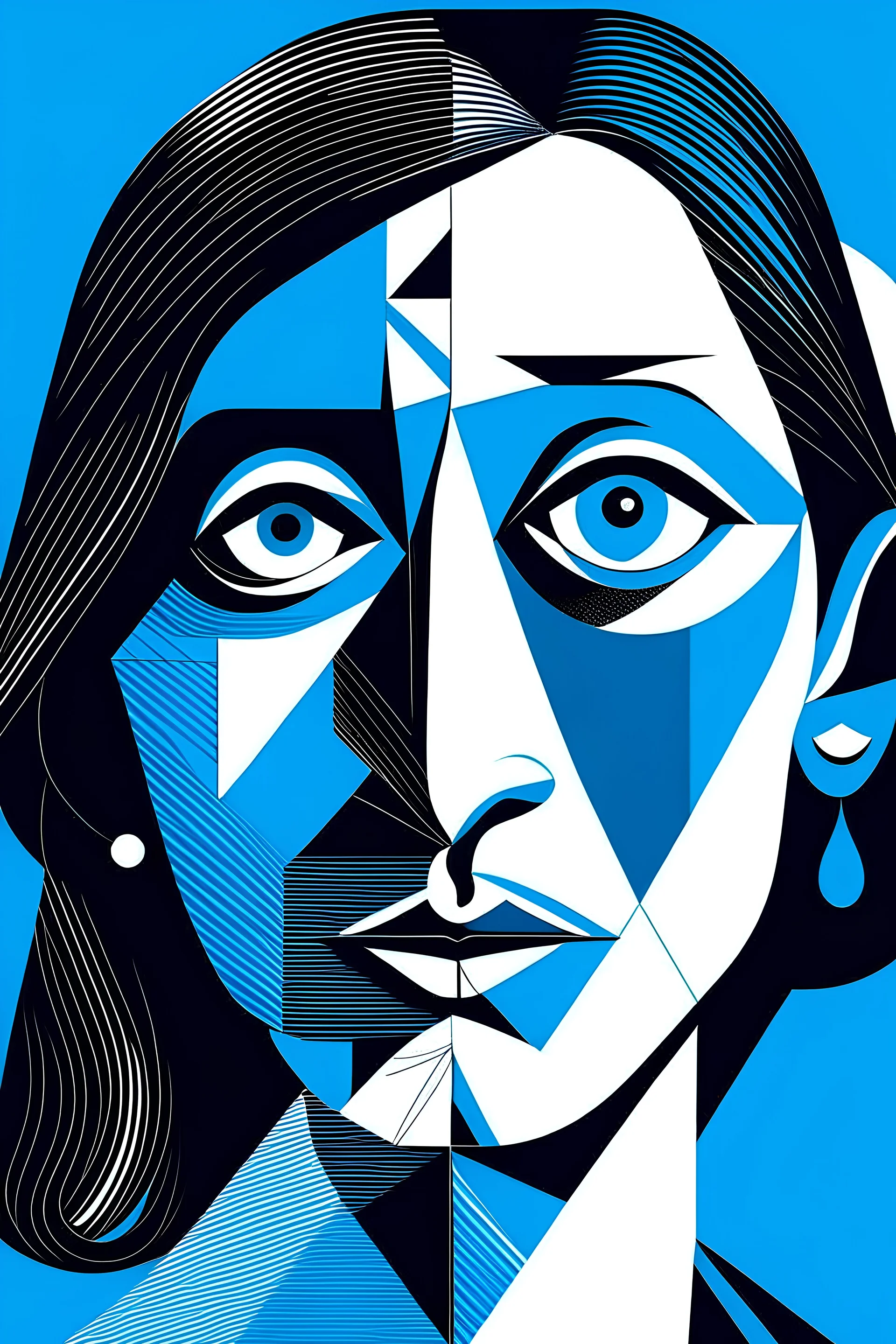 genera una imagen con el artista famoso Picasso, con un fondo azul, donde respresente a la mujer en el mundo laboral