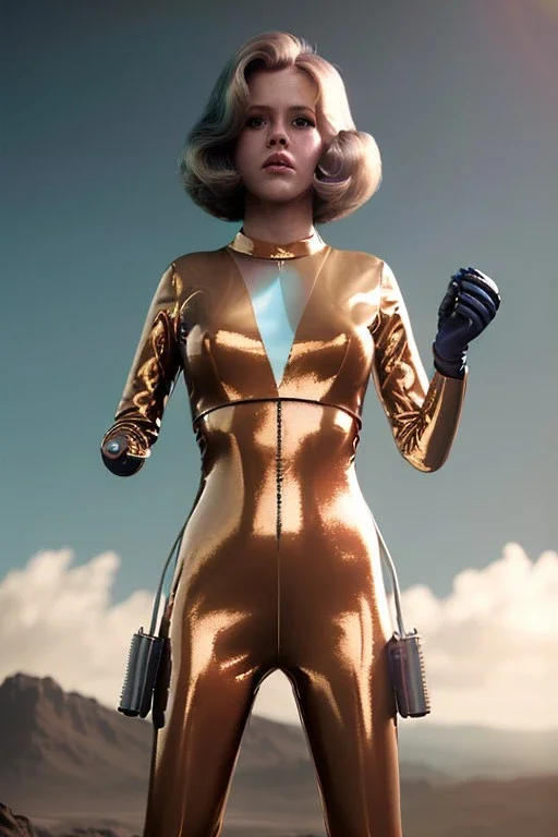 Ultra Realistic retro sci-fi portrait image from 1960, spaceship, sweet young Jane Fonda, tight latex suit, weapon, fighting stance, soft color, highly detailed, unreal engine 5, ray tracing, RTX, lumen lighting, ultra detail, volumetric lighting, 3d, finely drawn, high definition, high resolution.