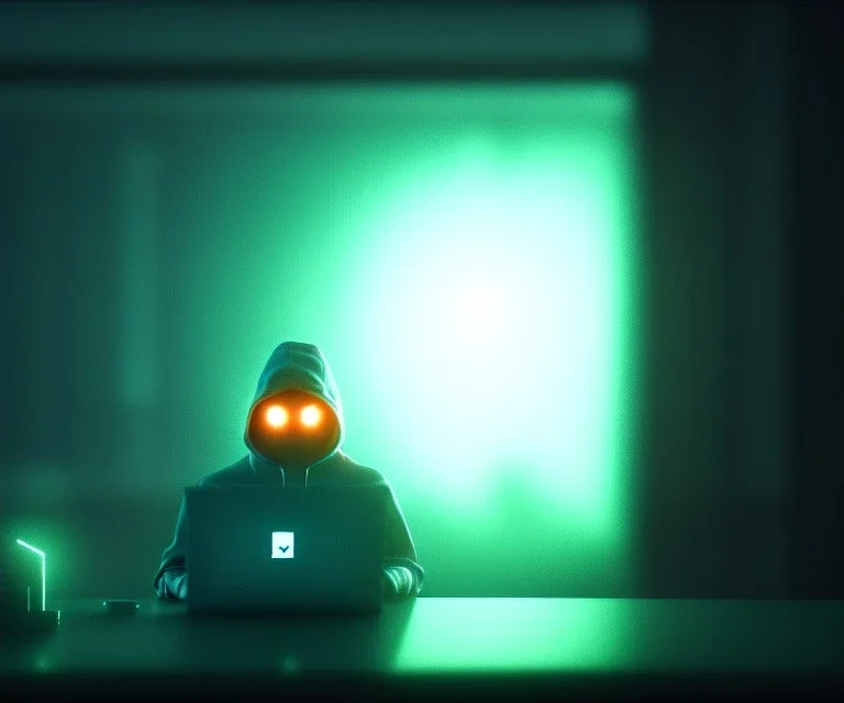 a hacker coding on his laptop in a dark room, golden red fog