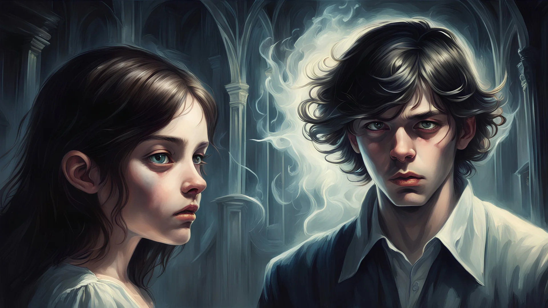 The artistic image depicts a mysterious and malevolent-looking young man manipulating a girl who seems to be under the influence of invisible forces. The young man's face radiates with a sinister aura, revealing the shining aspects of his irresistible character. His eyes appear as windows to a hidden world where he possesses the ability to control the minds of humans. The girl, appearing like a puppet in the hands of the young man, expresses her powerlessness to resist his influence. Her presen