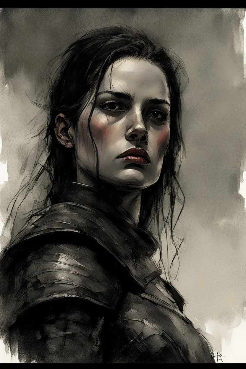 A formidable warrior girl in black armor, on the background Amazing gloomy landscape, flooded with sunset, mountains, trees, fabulous scary hero, , juicy emotions, painting, dark fantasy, gloomy day, dark world, portrait, A Quick Pencil Sketch Of A Portrait Of A 20 Years Old Woman; By Alex Maleev