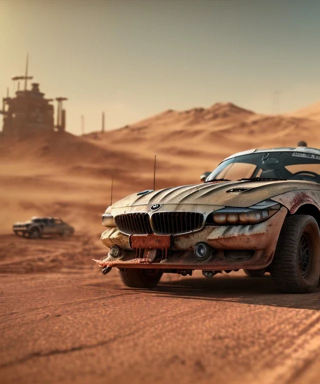 Mad max car. BMW z4. 4k resolution, intricate details, ornate details, soft lighting, vibrant colors, retroanime, futuristic cityscape background