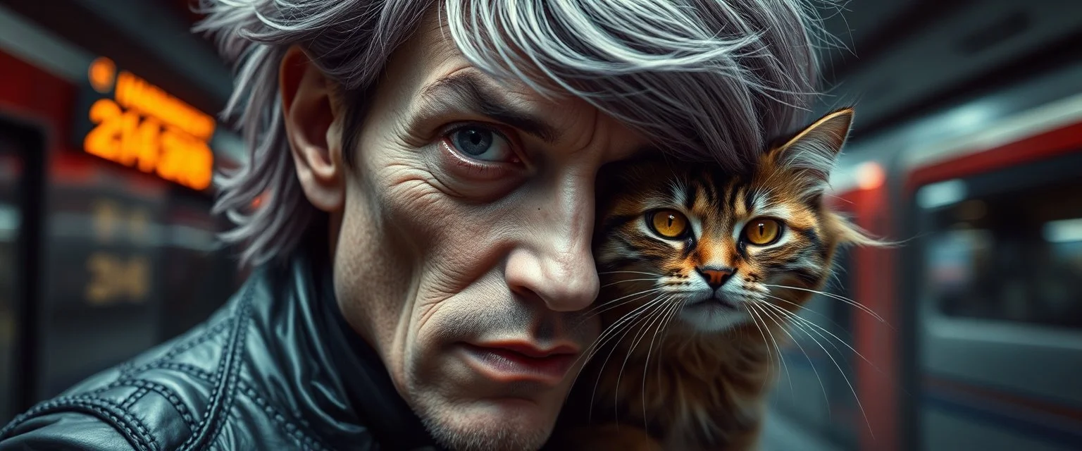 high class realism, dented skin, victorian era, cyber punk, A really close up portrait of one person individually mutated with hairy wigs glowing, and a long haired cat that just came out of a violent twister with its long hair twisted, background blur, high speed train, book cover, terrorists