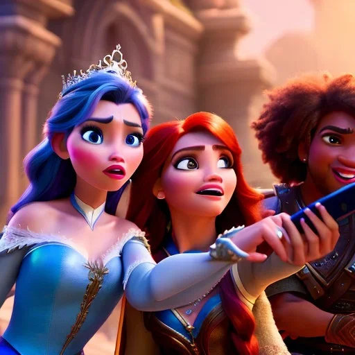 Three characters taking a selfie, red hair, magical fantasy, spellcasting, armor, photorealistic