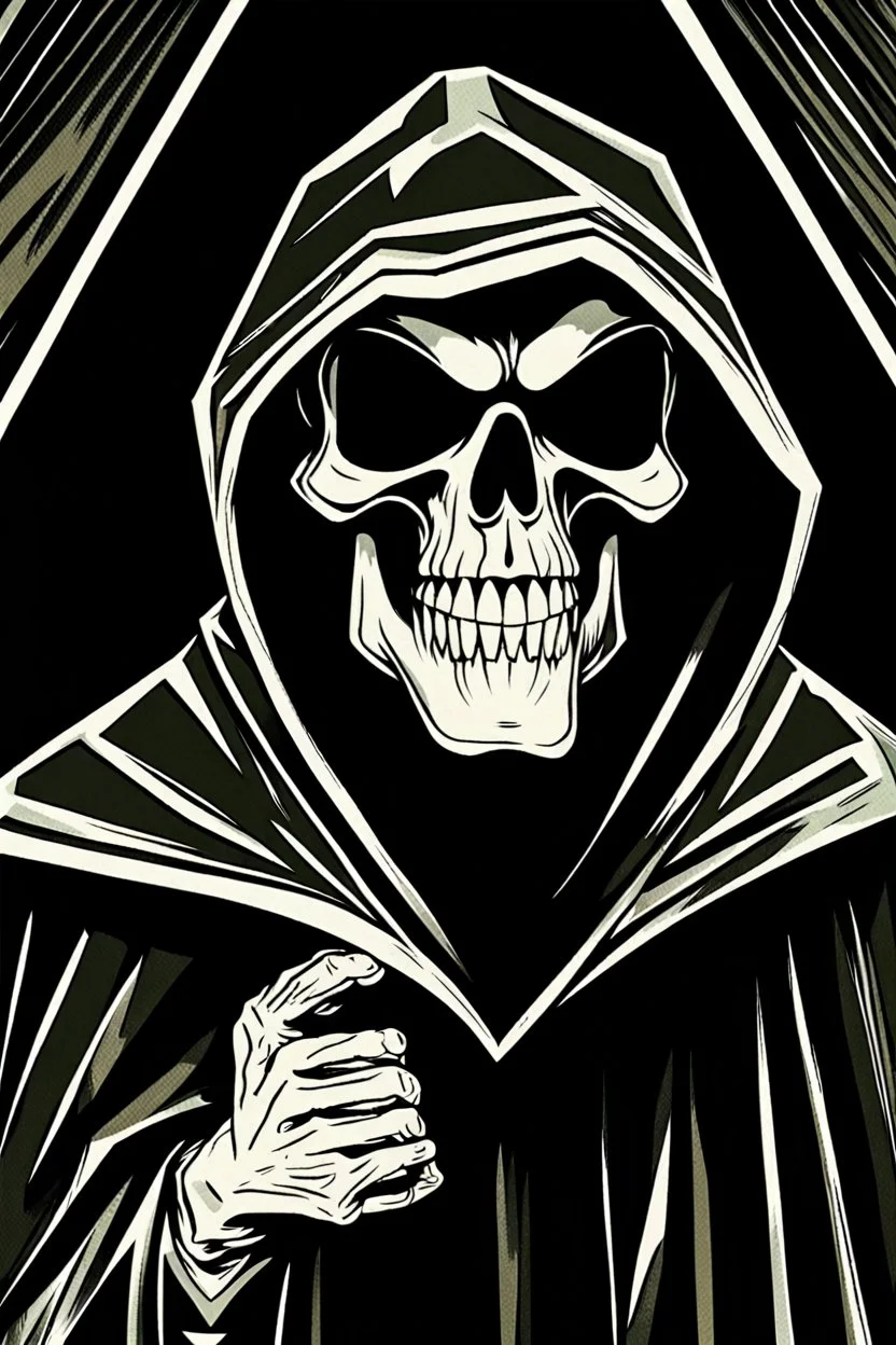 1970s goofy character of a skull face character wearing a black hooded cloak, drawn in a early animation style, inside a lighter diamond shape on a black background, monochromatic