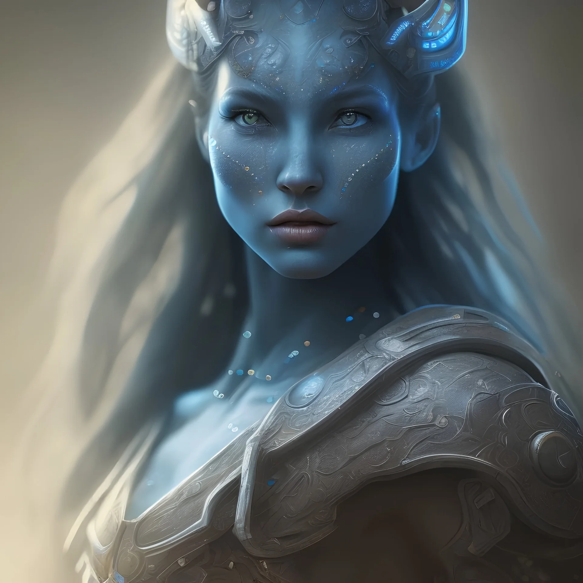 portriate of beautiful blue na'vi warrior,volumetric lighting, particals, intricate detail,realistc, close up