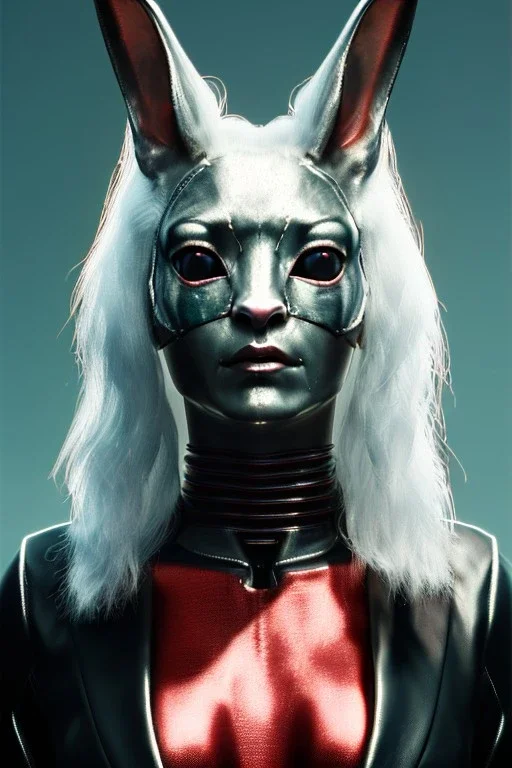 Medium Close Up Portrait, Front image. cyberpunk, rabbit mask, british woman, platinum hair. Latex suit army. white, red, color. Rocketer style. Color background, photo studio. Avatar image, highly detailed, concept art, smooth, unreal engine 5, ray tracing, RTX, lumen lighting, ultra detail, volumetric lighting, 3d, finely drawn, high definition, high resolution.