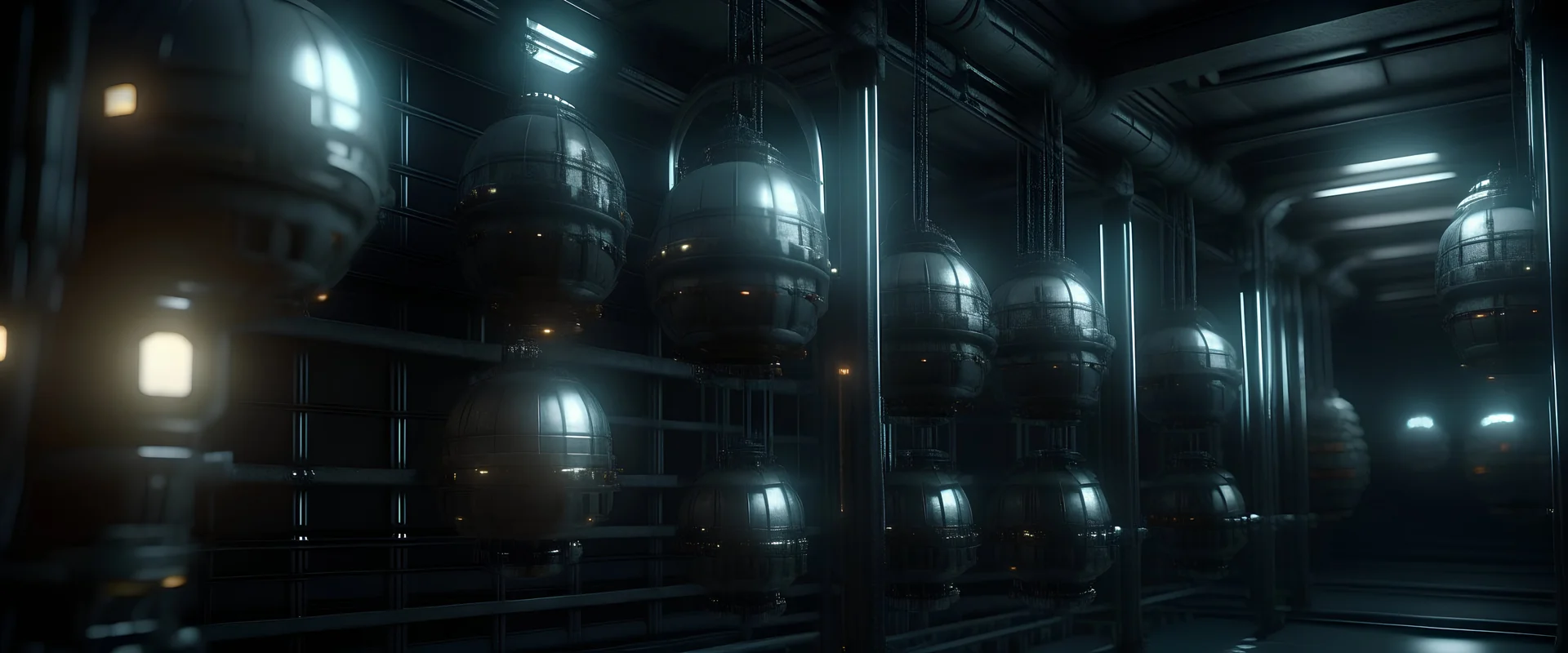 many Sci-fi Laboratory Capsules, hanged on a big sci-fi hanger., 4k, trending on artstation.