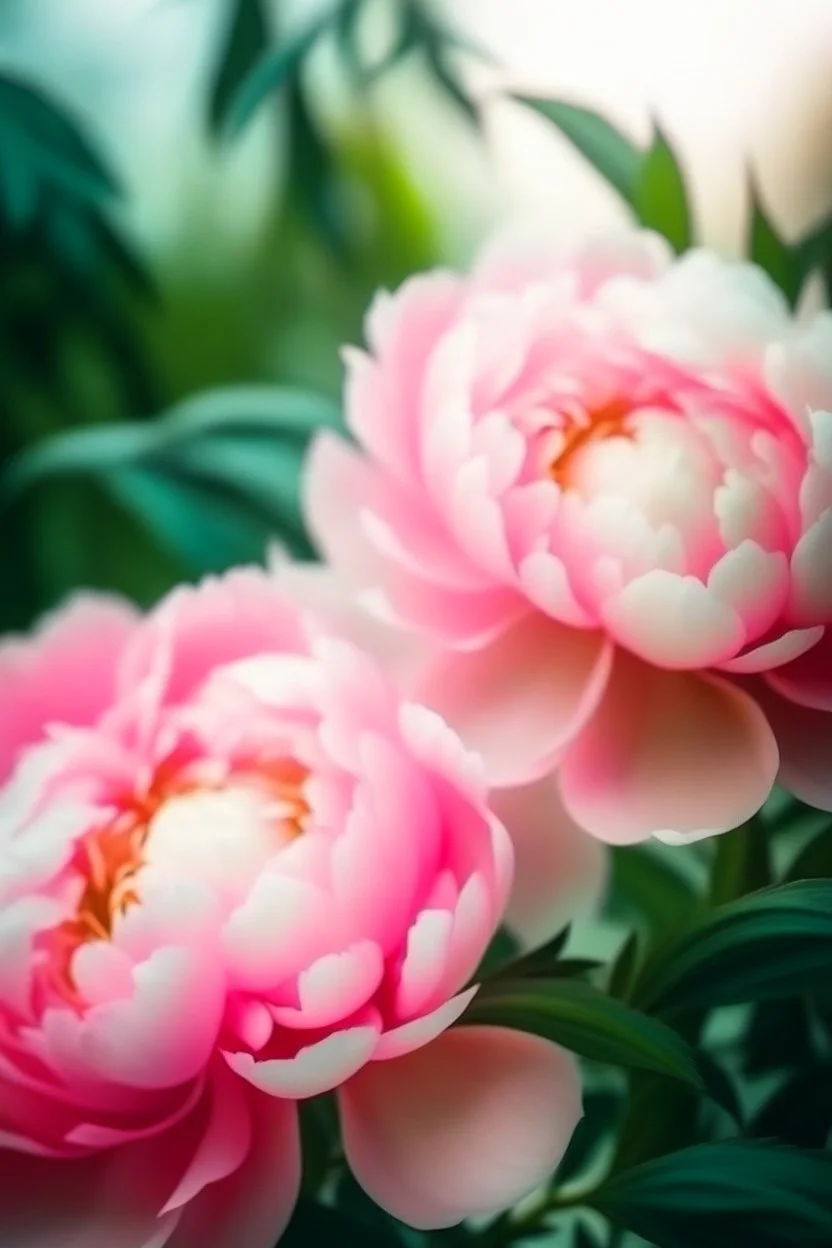 The flowers are pink delicate peony ...bush , English watercolor, hyperdetalization delicate pastel tones , hazy , mirage , haze , aesthetically pleasing, beautiful, bright lighting