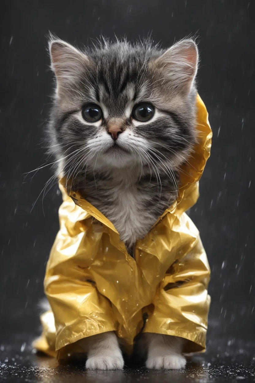 baby cat in raincoat. Chibi, Photograph, Canon DSLR, Tilt - shift, black background, high definition, Complete and coordinated composition, 8k