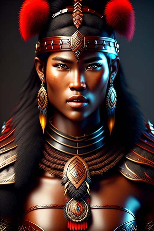 Barbarian character, animal hide armor, physically fit, tribal tattoos, soft round eyes, beads in hair, 8k resolution, cinematic smooth, intricate details, vibrant colors, realistic details, masterpiece, oil on canvas