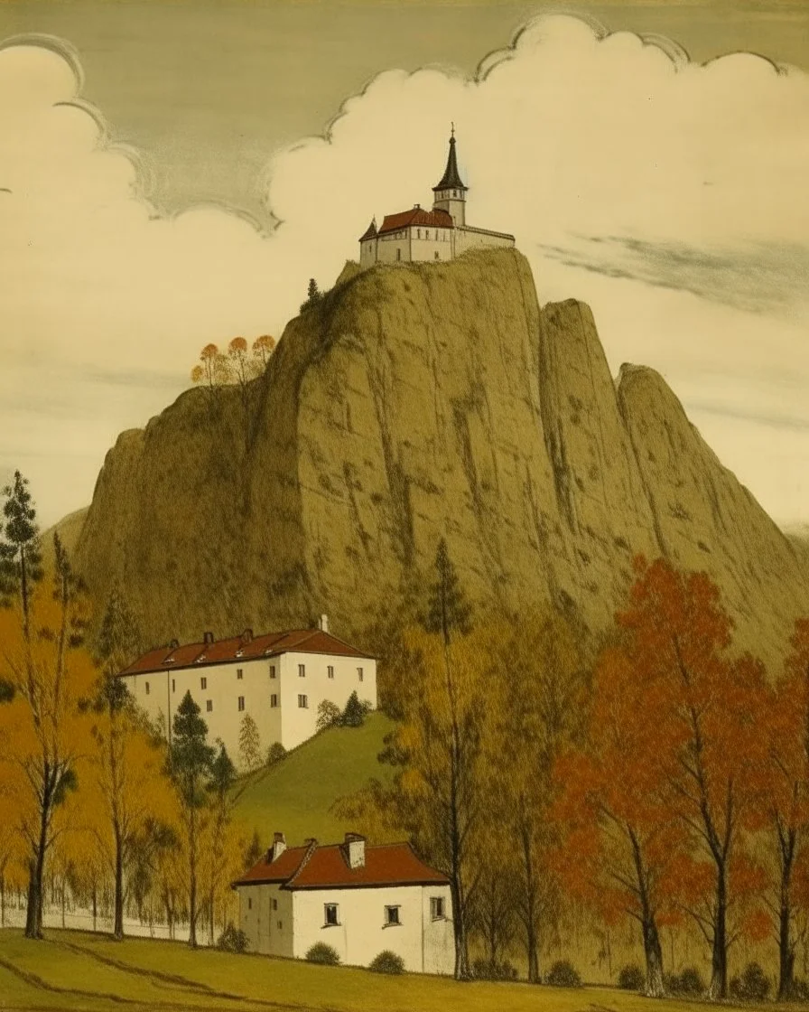 A brown mountain with a fortress designed in Scandinavian folk art painted by Maurice Utrillo