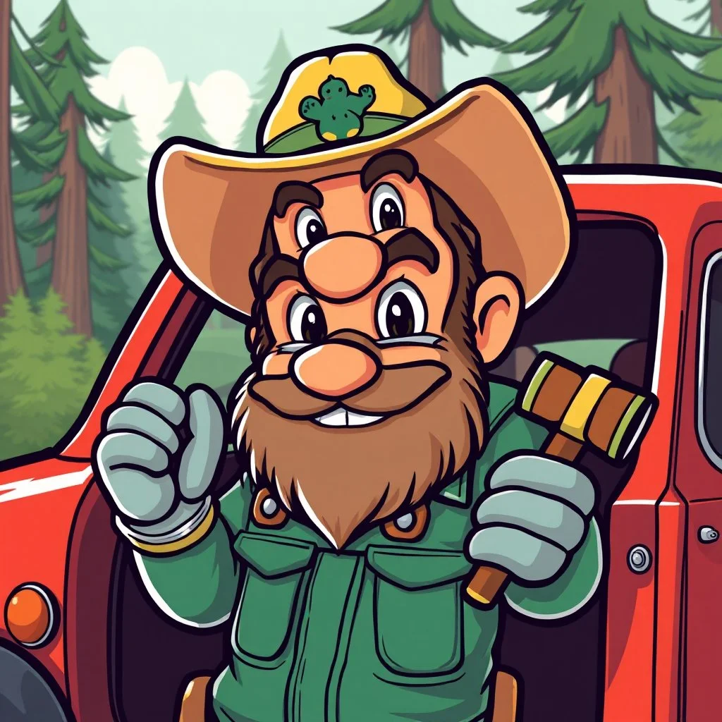 retro cartoon company mascot of a vehicle mechanic with a hint of forest ranger