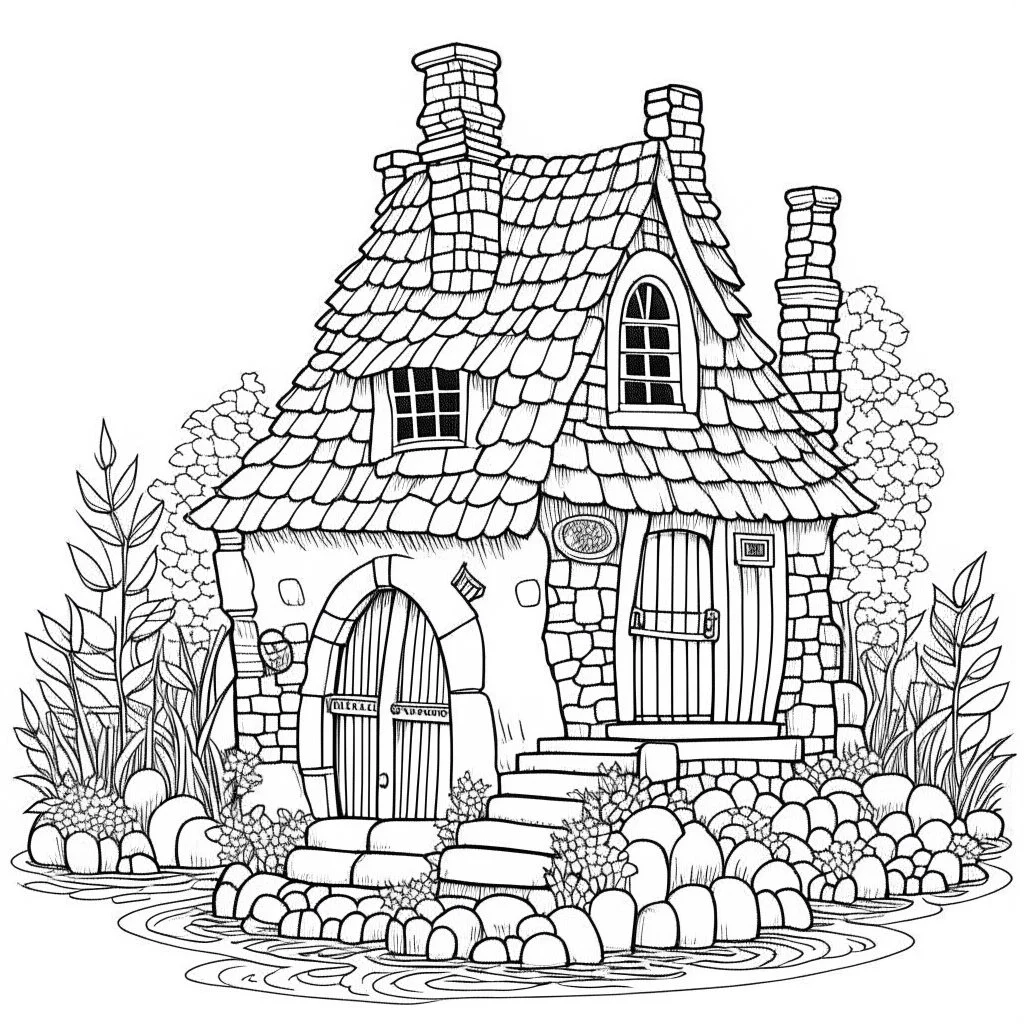 A fairy house Tranquil Streamside Dwelling, coloring page, exact shape, real image, minimal lines, white back ground color, real style, realistic, minimalistic, minimal black line art, line art, crisp line art, unique coloring sheet, outlined, outline, crisp, crisp line edges, illustration, thin lines, crisp clear lines, line art, clean line art, unique, 8k, no colors, no dark color, no black color, avoid thick black, minimalistic line edges, white back ground,