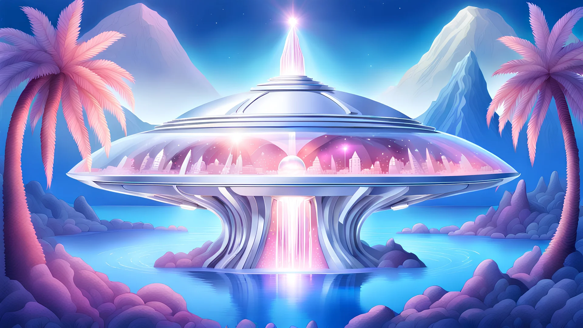 grande astronave metallica argento con tante finestre e cupola trasparente, che emette raggi di luce, che esce da lago azzurro con cristallo blu nel centro, vulcano, celeste, argento, rosa, oro, cascate, alberi tropicali, raggi di luce, dettagli intricati, dettagli decorativi