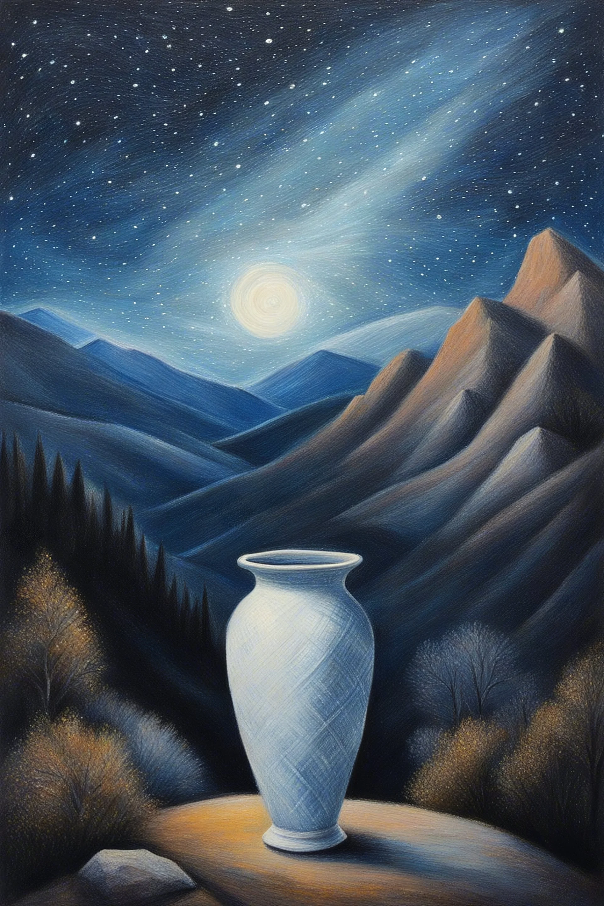 Pastel Drawing of White Vase amidst a Mountain Landscape under a Starry Night Sky