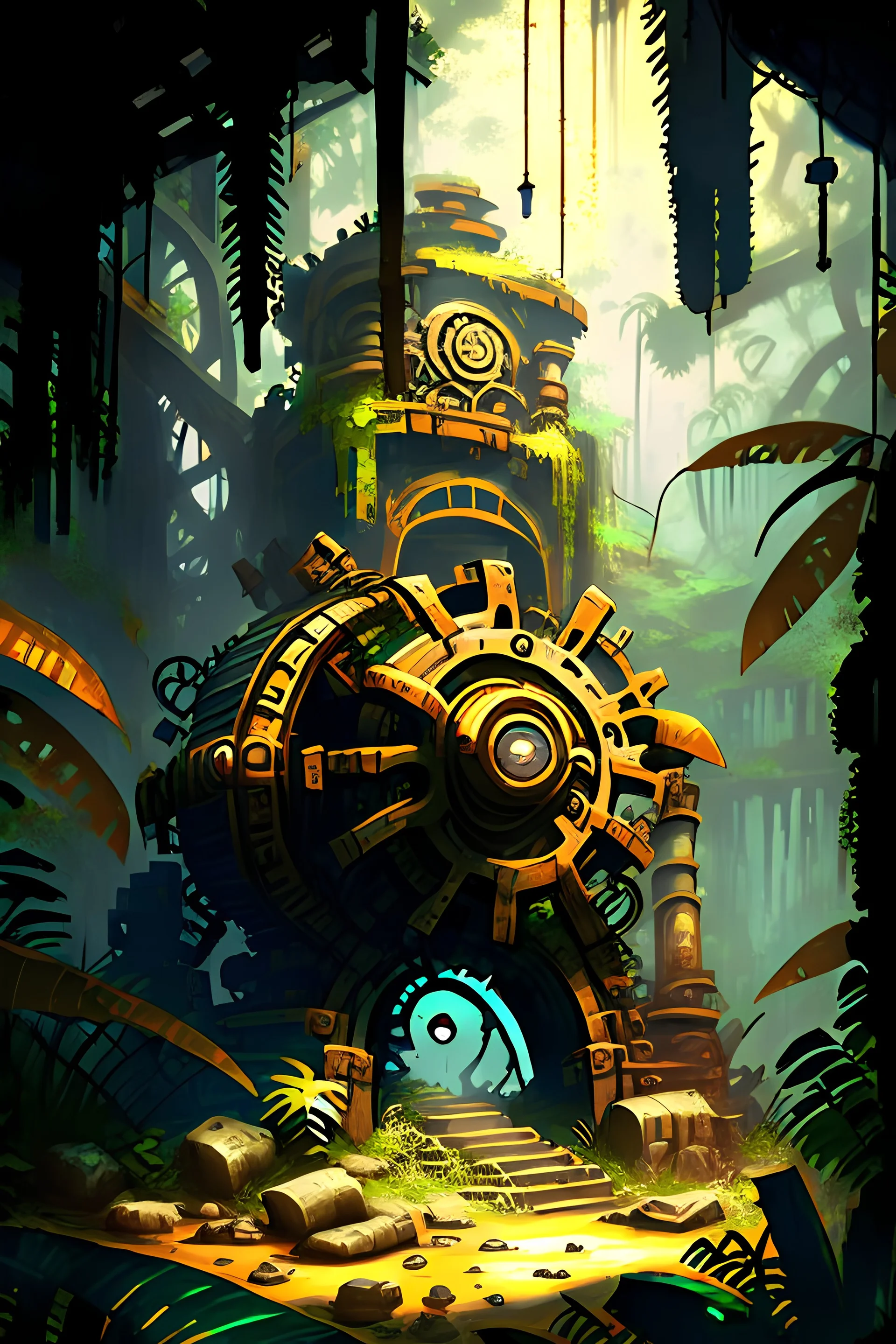 Jungle adventure ruins with huge steampunj gears painterly rpg art