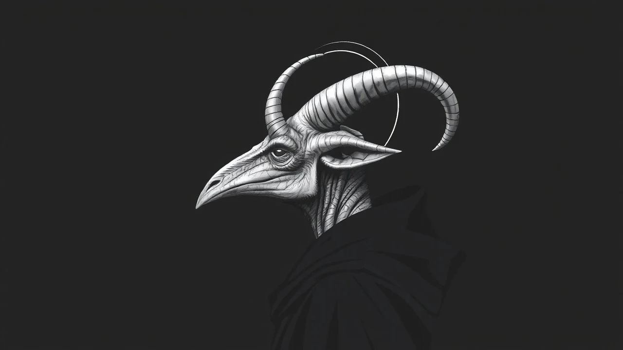 A black and white, close-up, profile shot of a creature's head and shoulders. The creature has a long, narrow snout, large, curved horns, and a textured, wrinkled neck. It is wearing a dark, hooded robe. A faint, circular halo-like shape is visible behind its head. The background is a dark, muted gray.