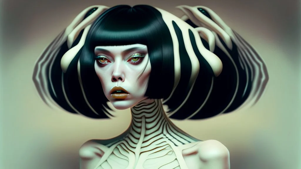 pale alien woman wearing exotic clothing. Black hair bob