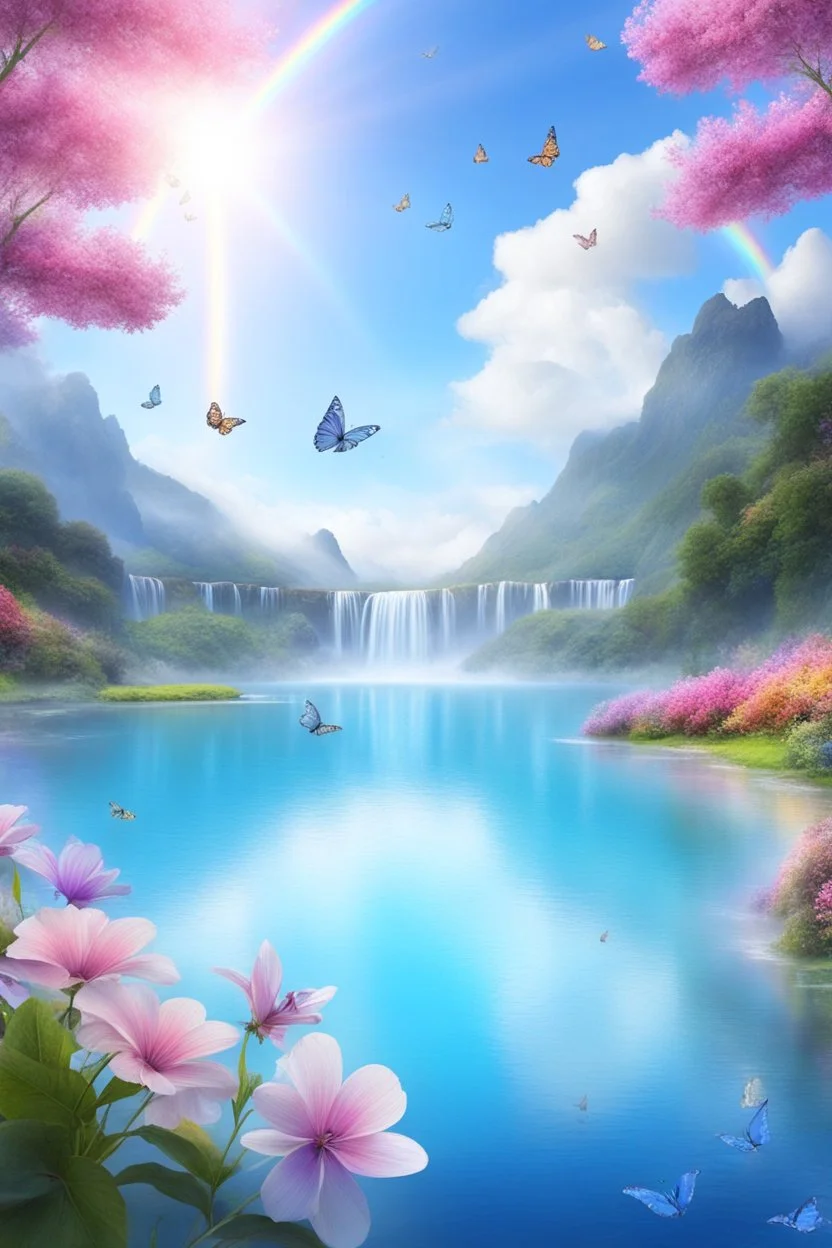 fantastic,Beautiful garden, flowers,rainbows, cascades arc en ciel, papillons colorés