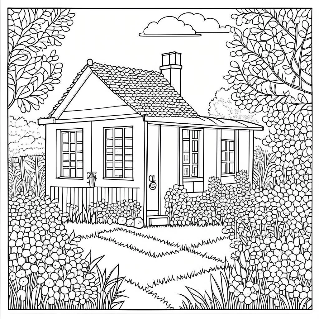 GARDEN HOUSE, ""Secluded Spaces: Discover hidden nooks and crannies within the Garden House, full view, realistic, coloring page, only draw lines, coloring book, clean line art, wildlife-inspired, kid style, –no sketch, color, –ar 3:4, white background, minimalistic black lines, 8k, minimal black color, low level black colors, coloring page, use pure black and white colors, avoid thick black colors, thin black line art, avoid colors, perfect shape, perfect clear lines, clear edges,