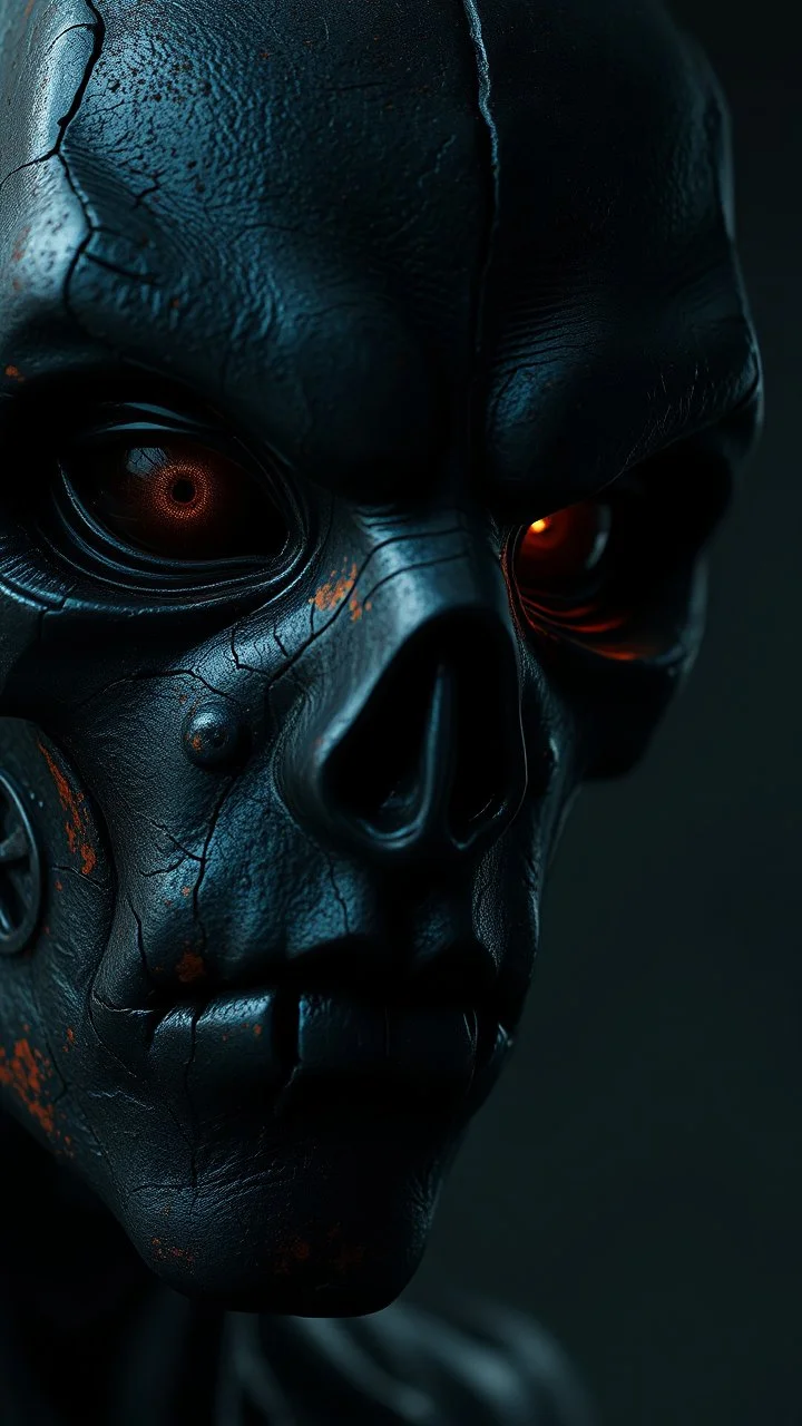 a Black phanter eyes in the dark by his face skin is a rusted broken metallic skin texture in a 3d rendering full-height image of a grim and dark scene. Ensure the final images exhibit the utmost quality, encompassing 4K, 8K, and 64K resolutions, with 3D rendering that manifests in photorealistic, hyperrealistic, and highly detailed representations. Employ techniques such as HDR, UHD,